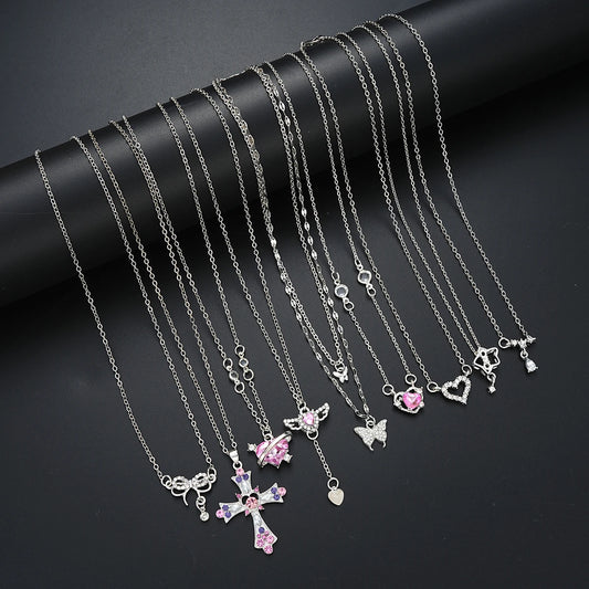9 pçs feminino elegante zircão pingentes colar conjunto moda cor rosa cruz borboleta coração bowknot colares festa jóias presente