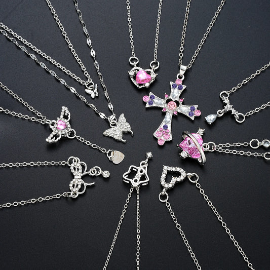 9 pçs feminino elegante zircão pingentes colar conjunto moda cor rosa cruz borboleta coração bowknot colares festa jóias presente